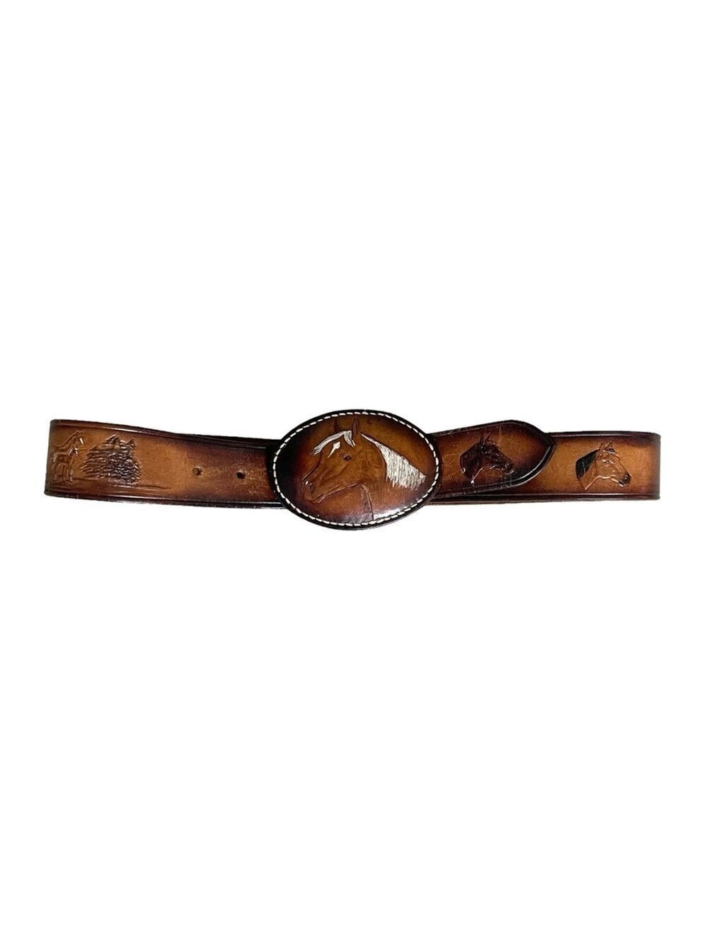 Handmade Hand Tooled Horses Western Cowboy Brown Leather Belt XS